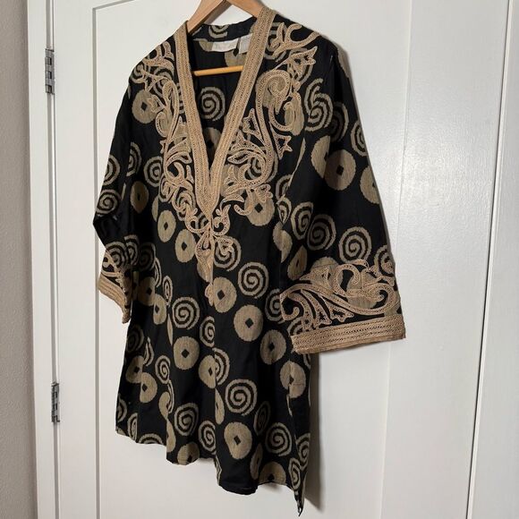 Soft Surroundings Top Tunic Womens Sz L Black Gold Embroidered V Neck Boho Fest - Picture 2 of 13